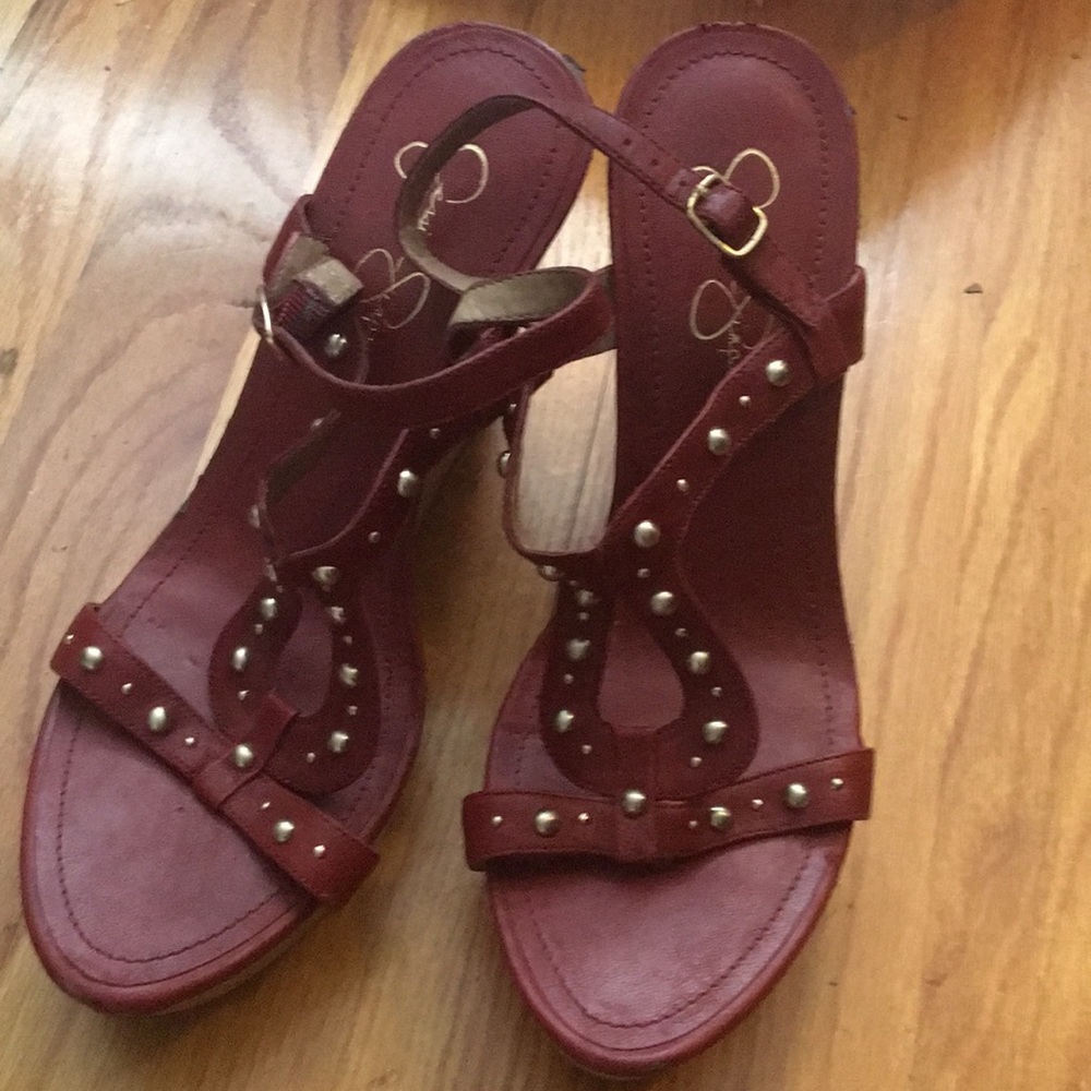 Jessica Simpson maroon studded wedges. Size 10.